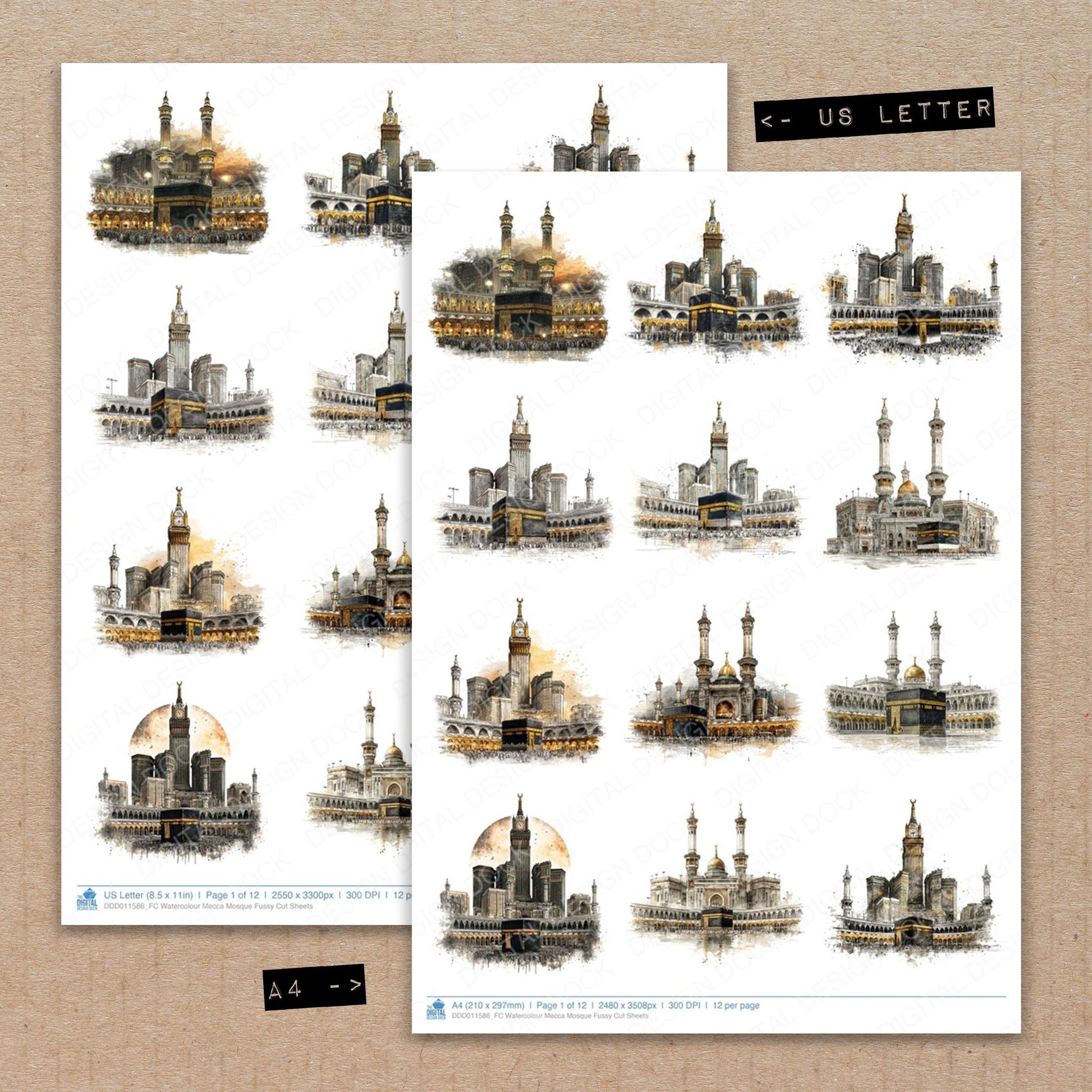 A4 and US Letter format comparison showing Watercolour Mecca Mosque fussy cut pages for print and cut crafting