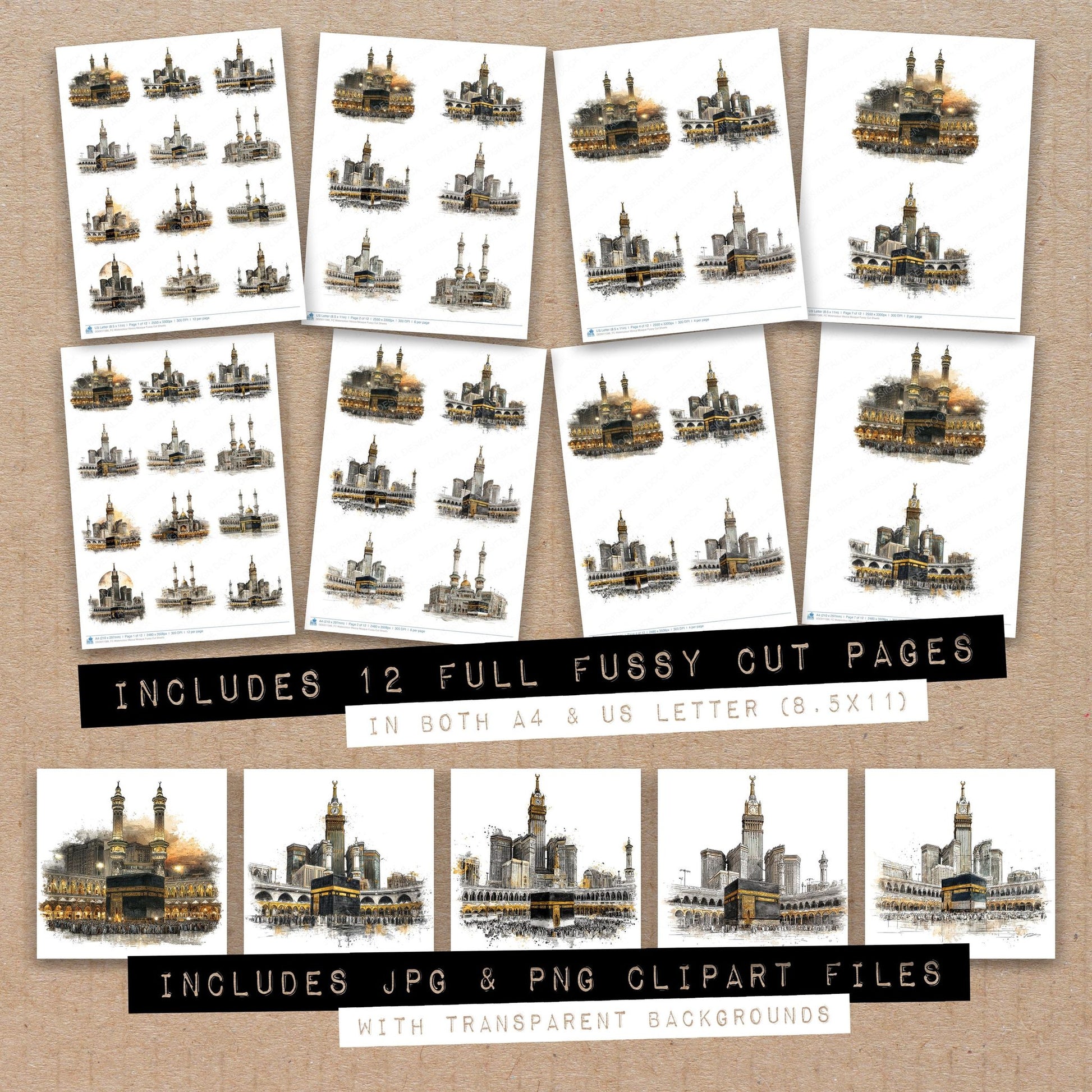 Full collection view of Watercolour Mecca Mosque fussy cut sheets with bonus clipart JPG and PNG files