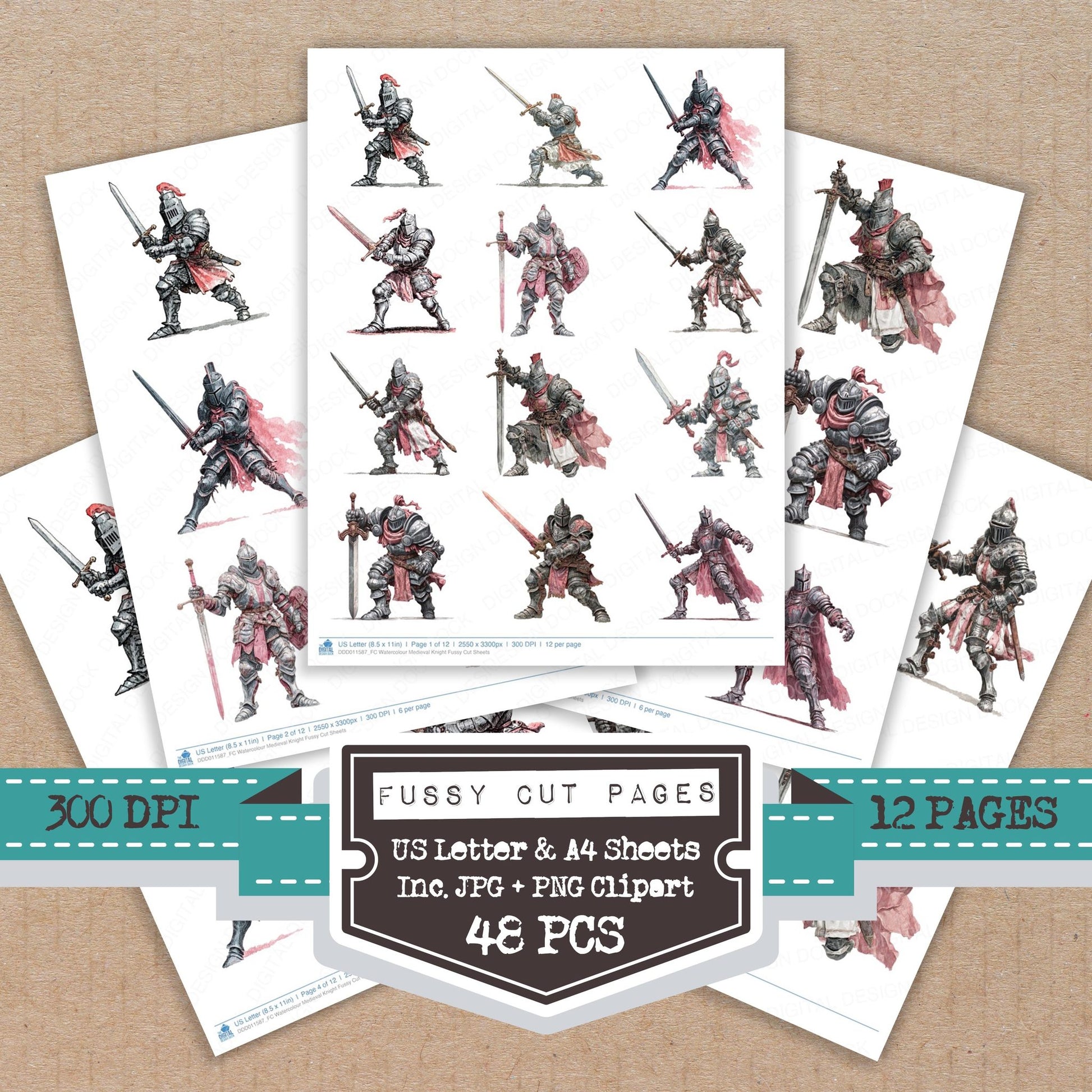 Watercolour Medieval Knight fussy cut printable sheets for junk journaling, scrapbooking, and paper craft projects