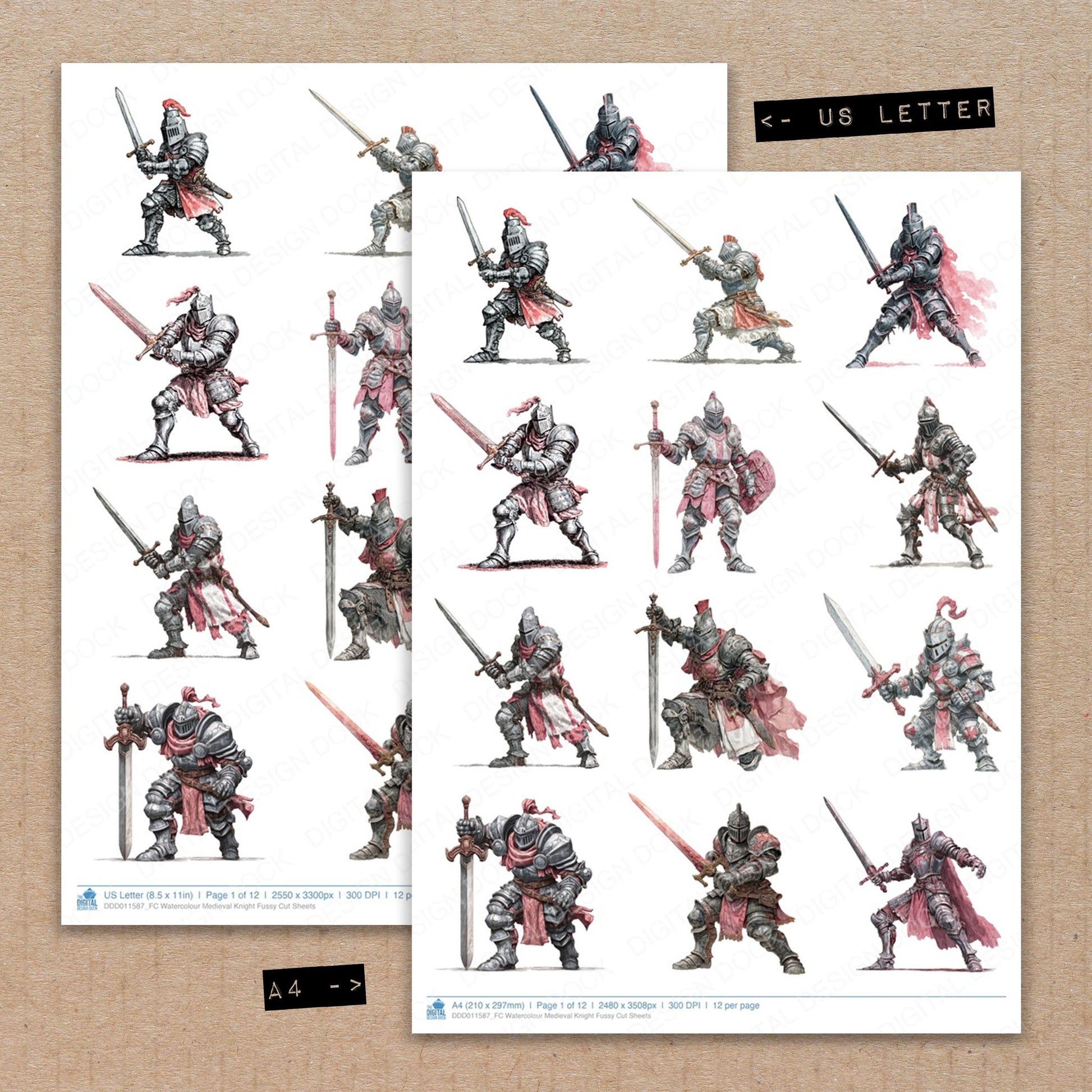 A4 and US Letter format comparison showing Watercolour Medieval Knight fussy cut pages for print and cut crafting