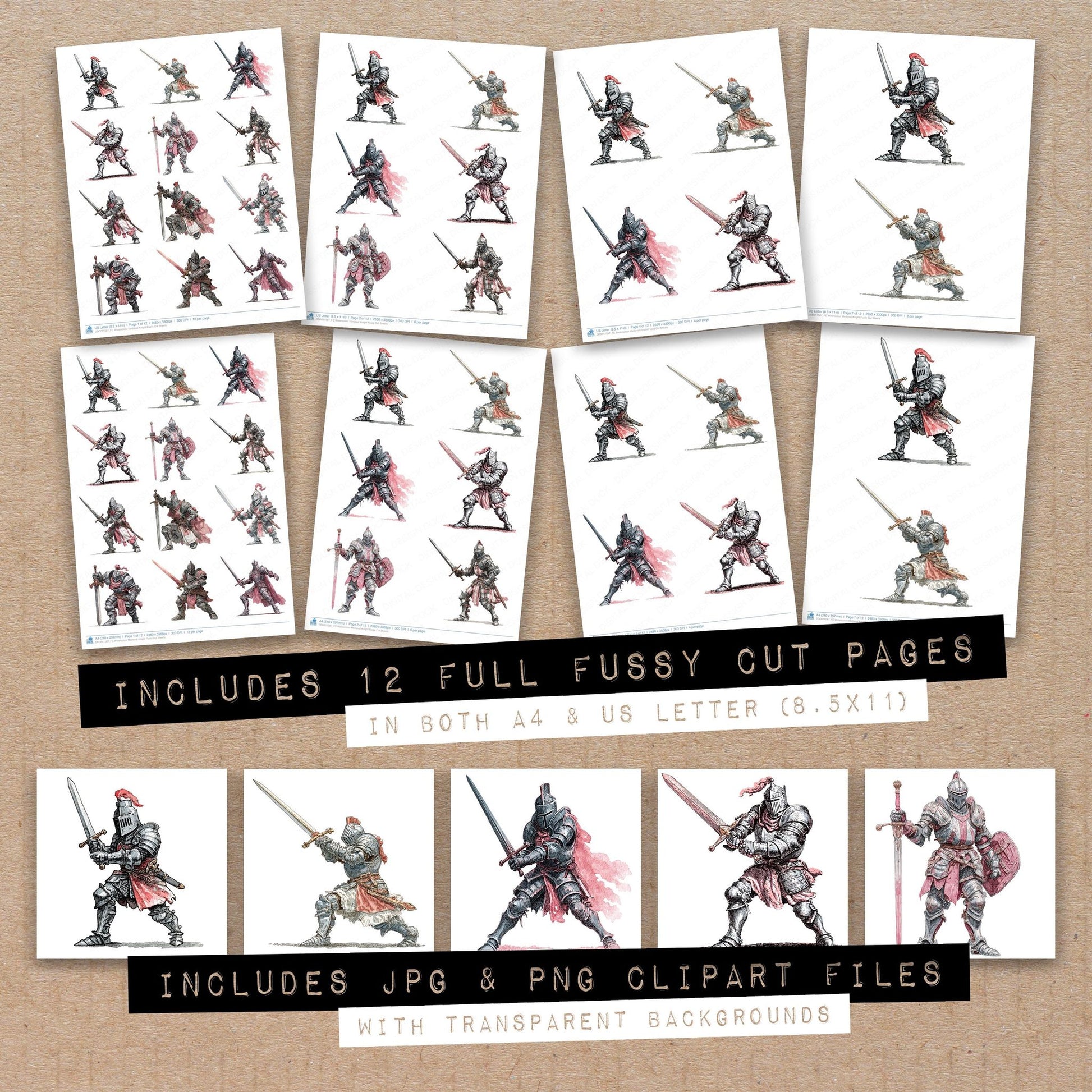 Full collection view of Watercolour Medieval Knight fussy cut sheets with bonus clipart JPG and PNG files