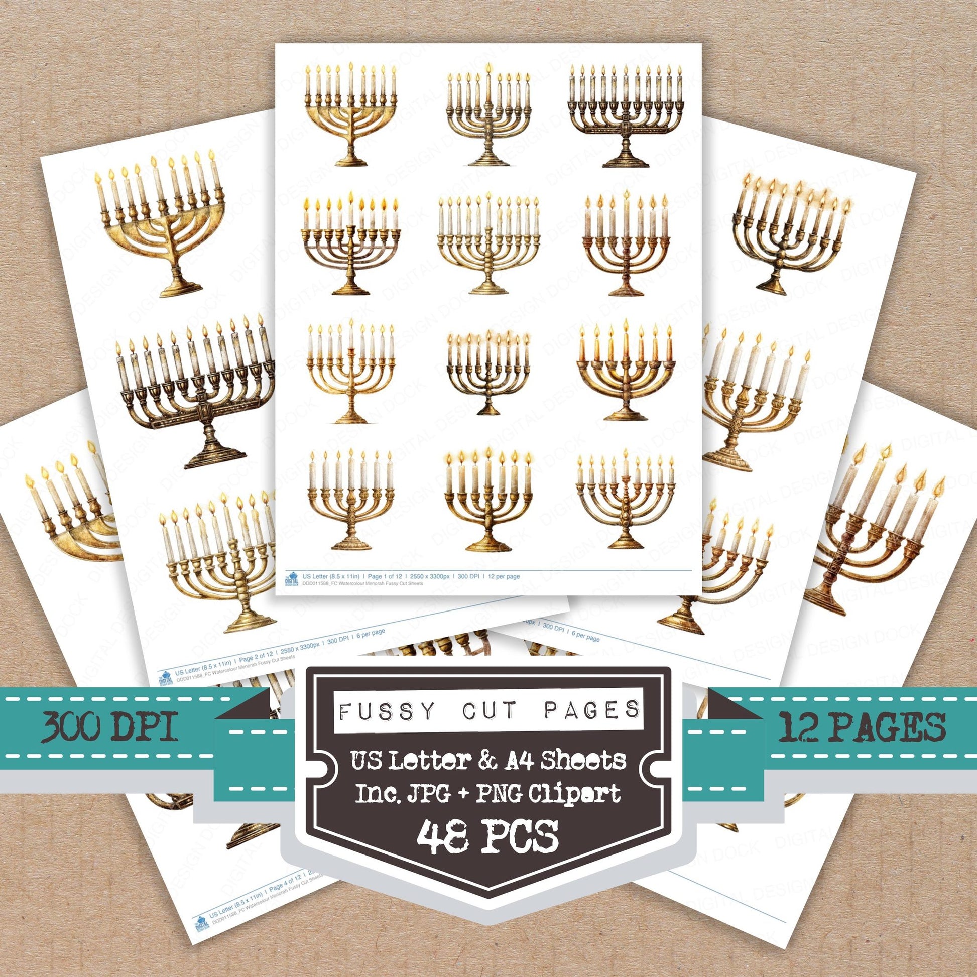 Watercolour Menorah fussy cut printable sheets for junk journaling, scrapbooking, and paper craft projects