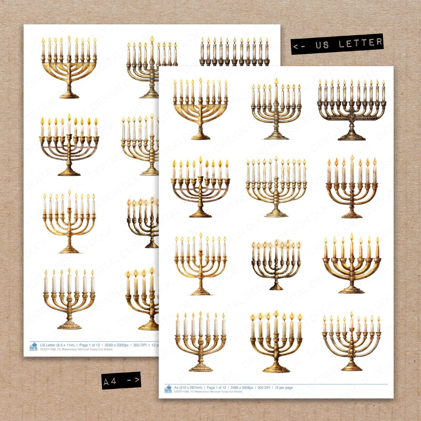 A4 and US Letter format comparison showing Watercolour Menorah fussy cut pages for print and cut crafting