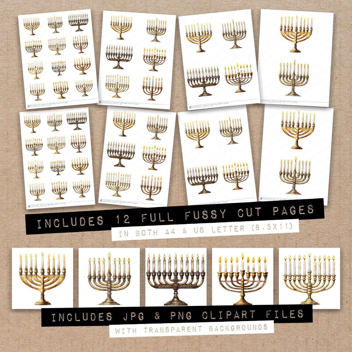 Full collection view of Watercolour Menorah fussy cut sheets with bonus clipart JPG and PNG files