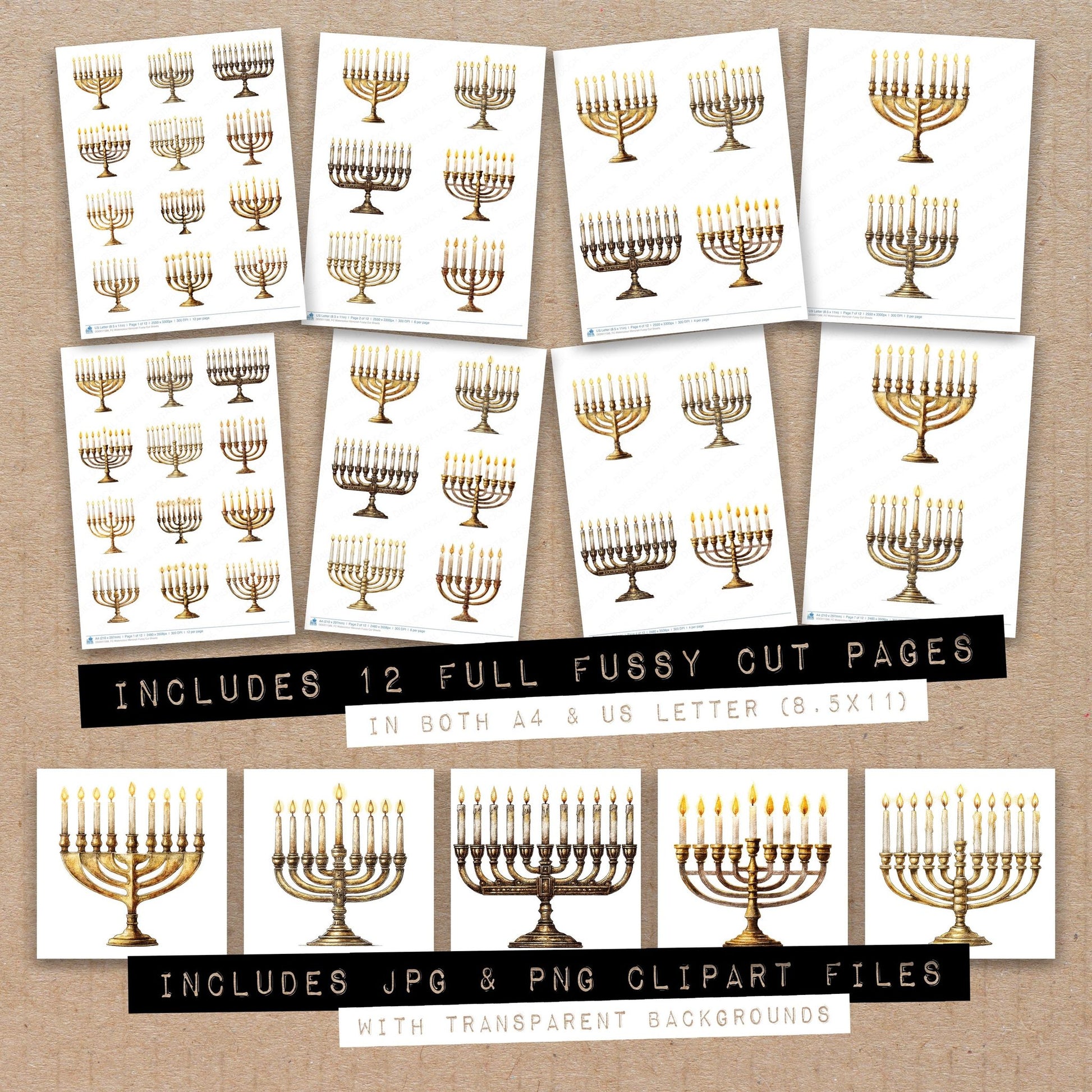Full collection view of Watercolour Menorah fussy cut sheets with bonus clipart JPG and PNG files