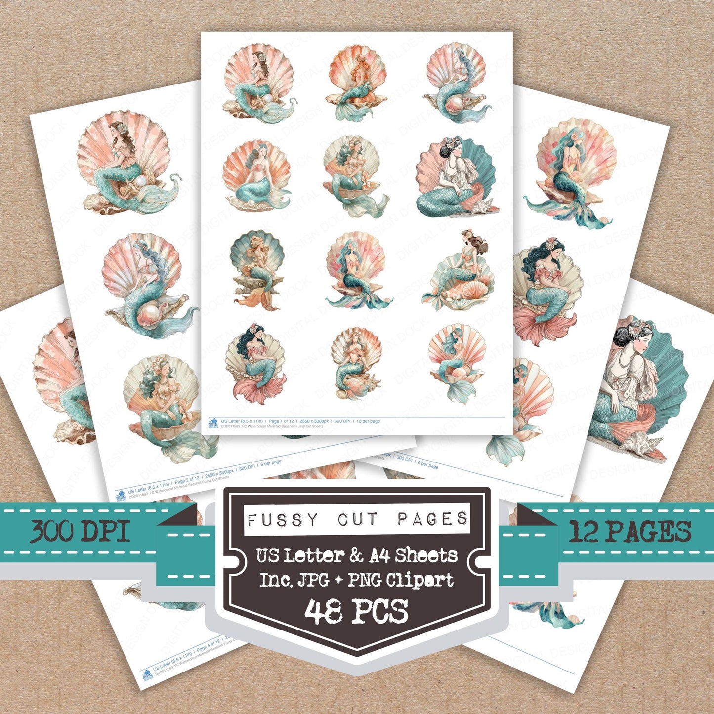 Watercolour Mermaid Seashell fussy cut printable sheets for junk journaling, scrapbooking, and paper craft projects