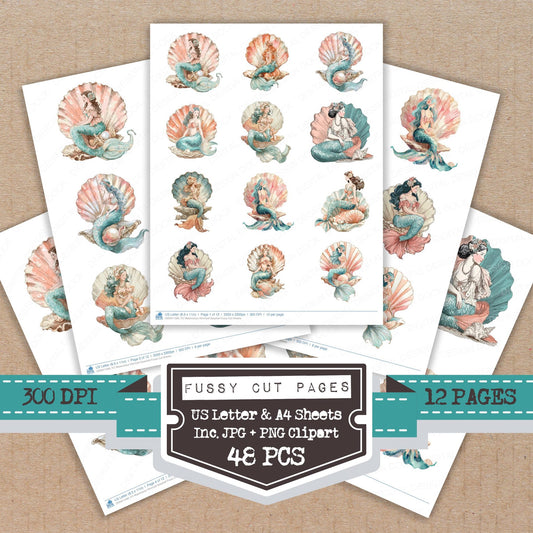 Watercolour Mermaid Seashell fussy cut printable sheets for junk journaling, scrapbooking, and paper craft projects