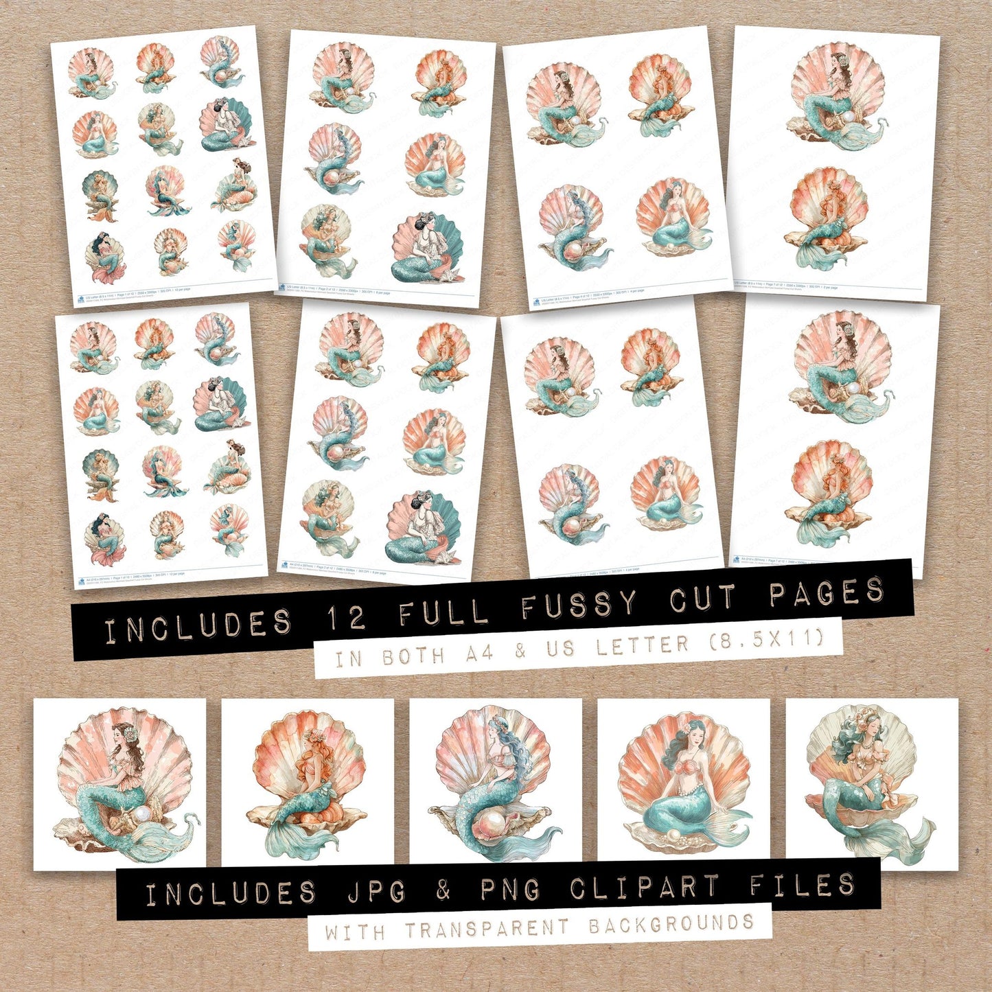 Full collection view of Watercolour Mermaid Seashell fussy cut sheets with bonus clipart JPG and PNG files