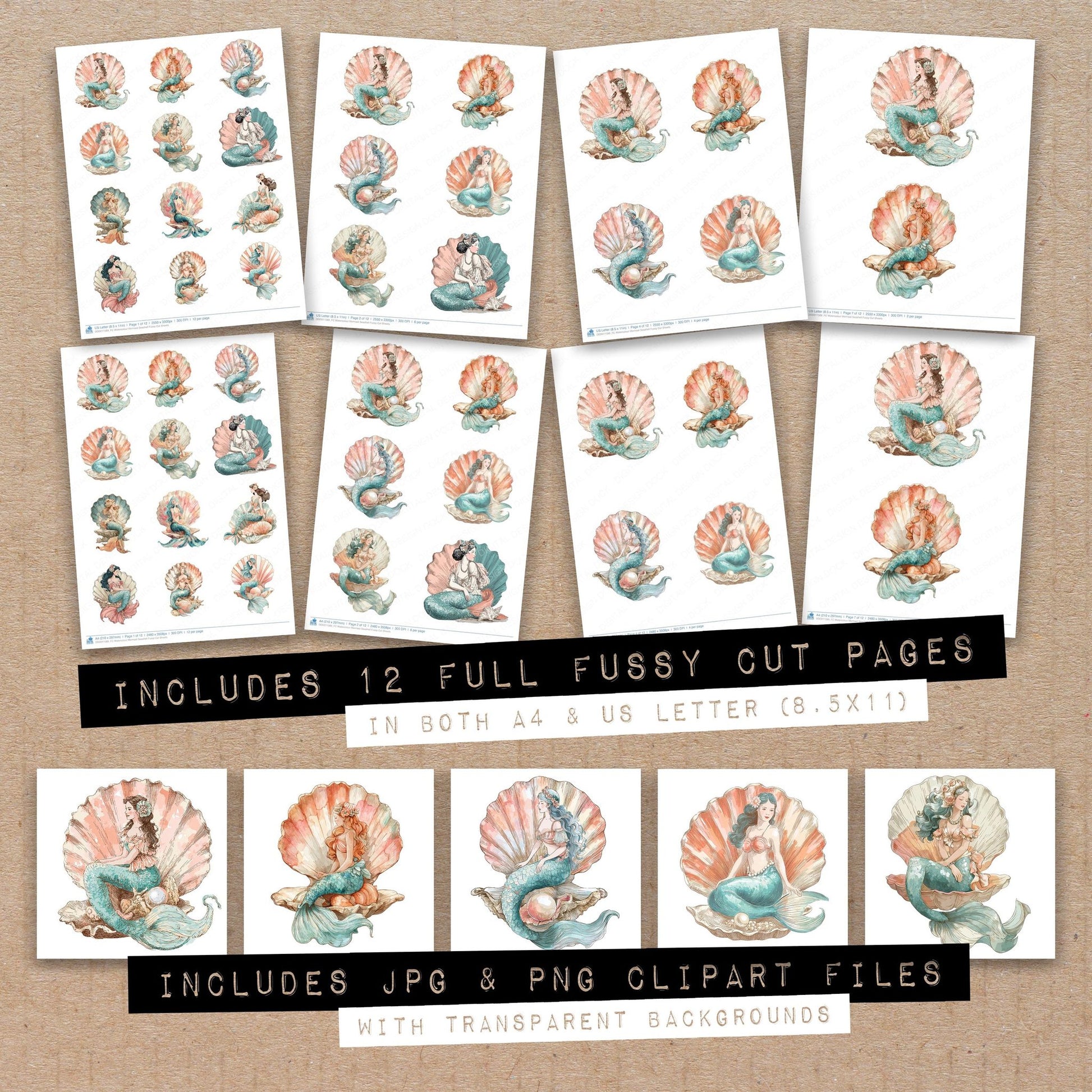 Full collection view of Watercolour Mermaid Seashell fussy cut sheets with bonus clipart JPG and PNG files