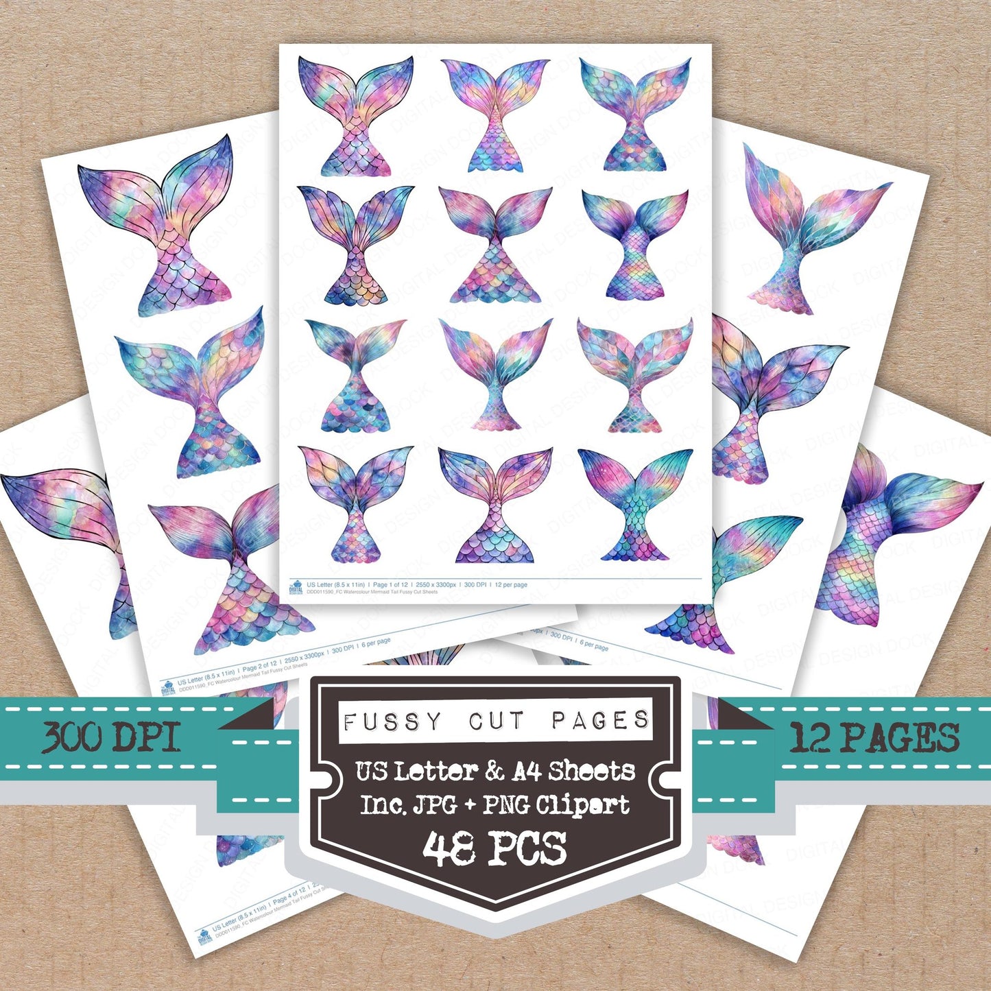 Watercolour Mermaid Tail fussy cut printable sheets for junk journaling, scrapbooking, and paper craft projects