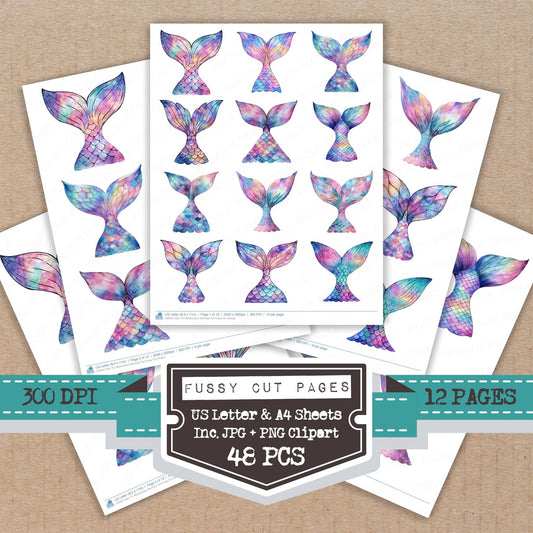 Watercolour Mermaid Tail fussy cut printable sheets for junk journaling, scrapbooking, and paper craft projects