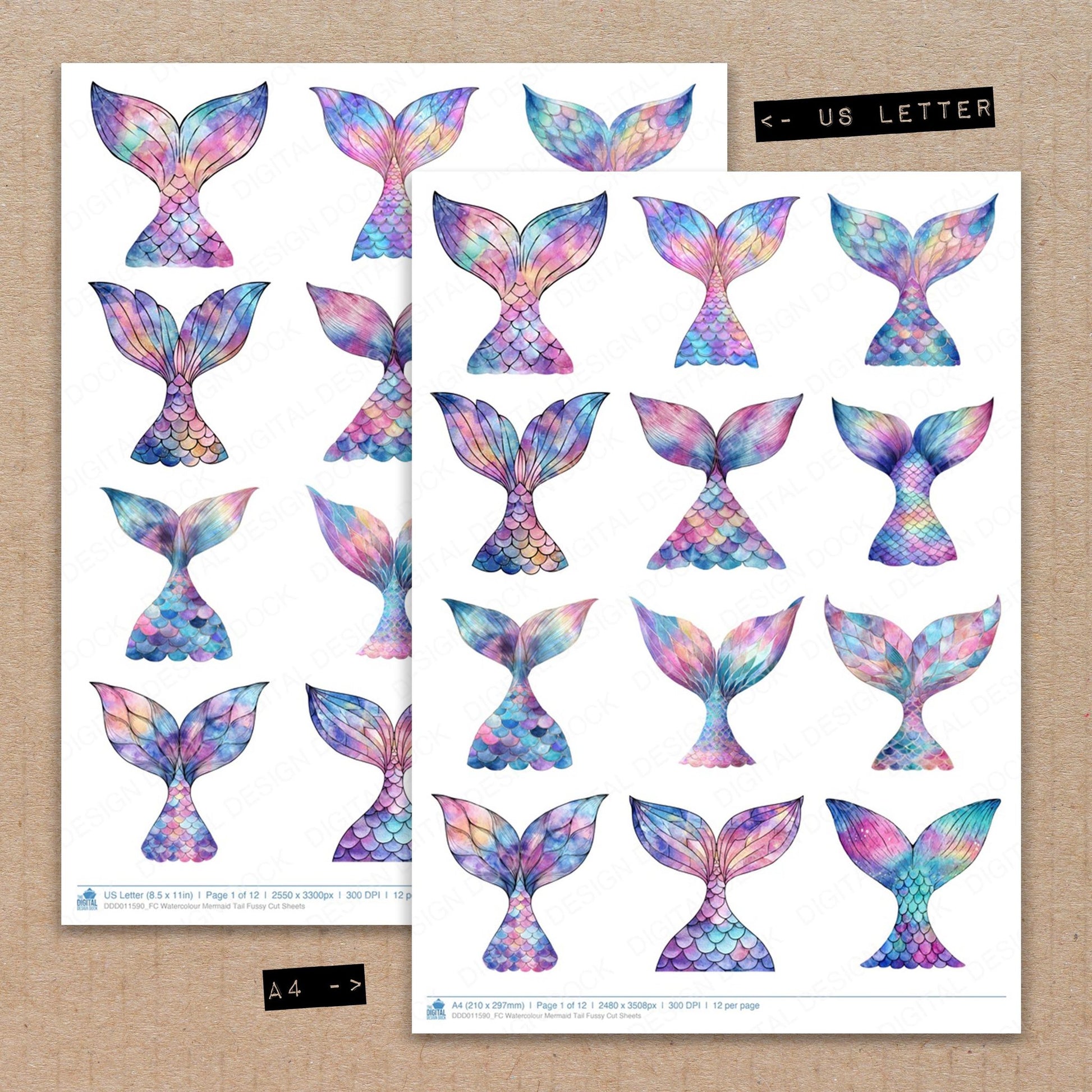 A4 and US Letter format comparison showing Watercolour Mermaid Tail fussy cut pages for print and cut crafting