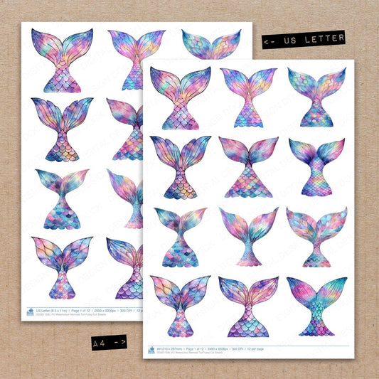 A4 and US Letter format comparison showing Watercolour Mermaid Tail fussy cut pages for print and cut crafting
