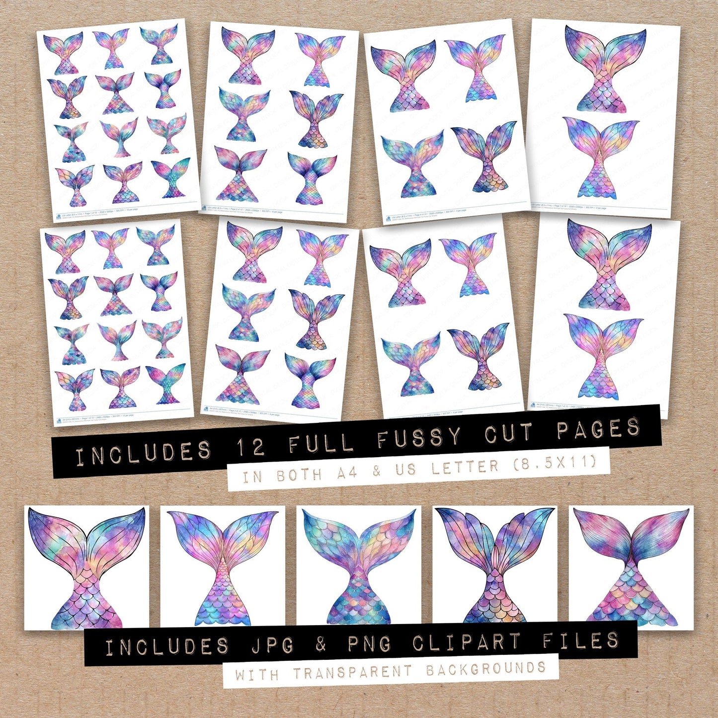 Full collection view of Watercolour Mermaid Tail fussy cut sheets with bonus clipart JPG and PNG files