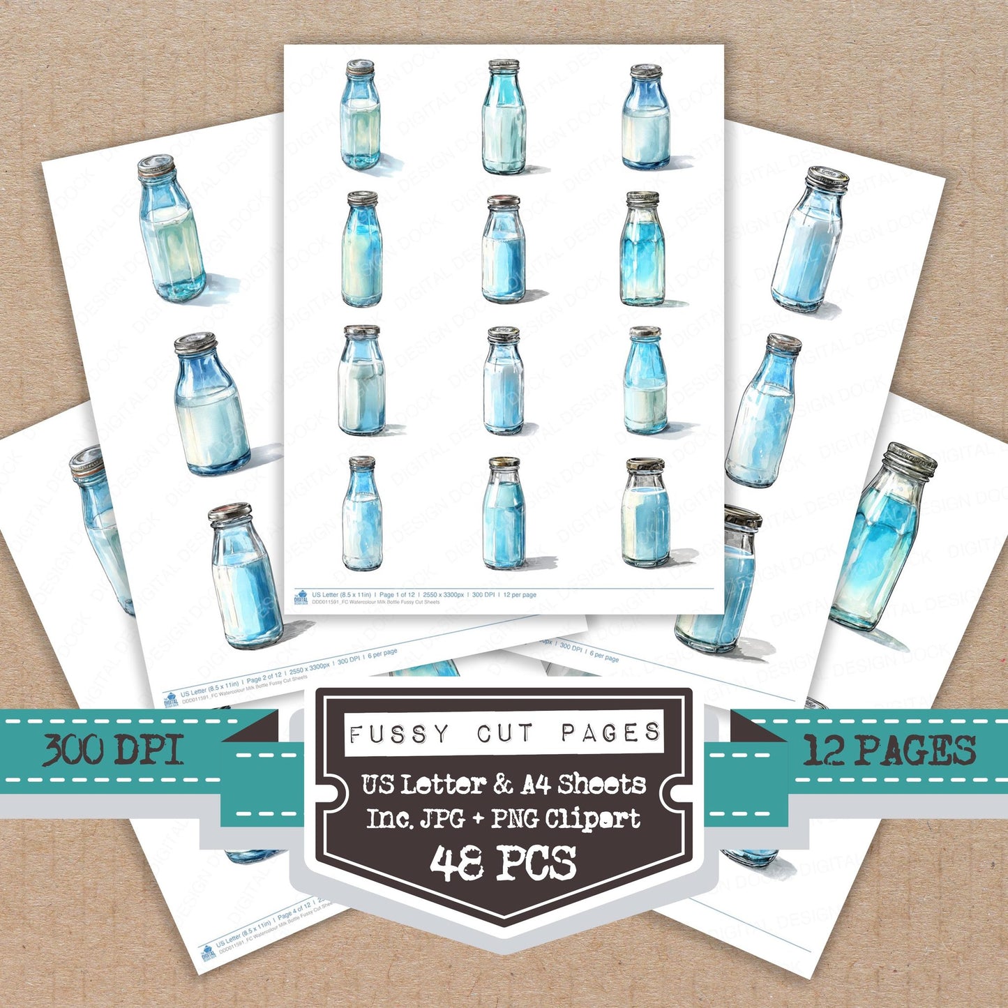 Watercolour Milk Bottle fussy cut printable sheets for junk journaling, scrapbooking, and paper craft projects