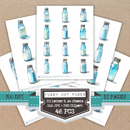 Watercolour Milk Bottle fussy cut printable sheets for junk journaling, scrapbooking, and paper craft projects