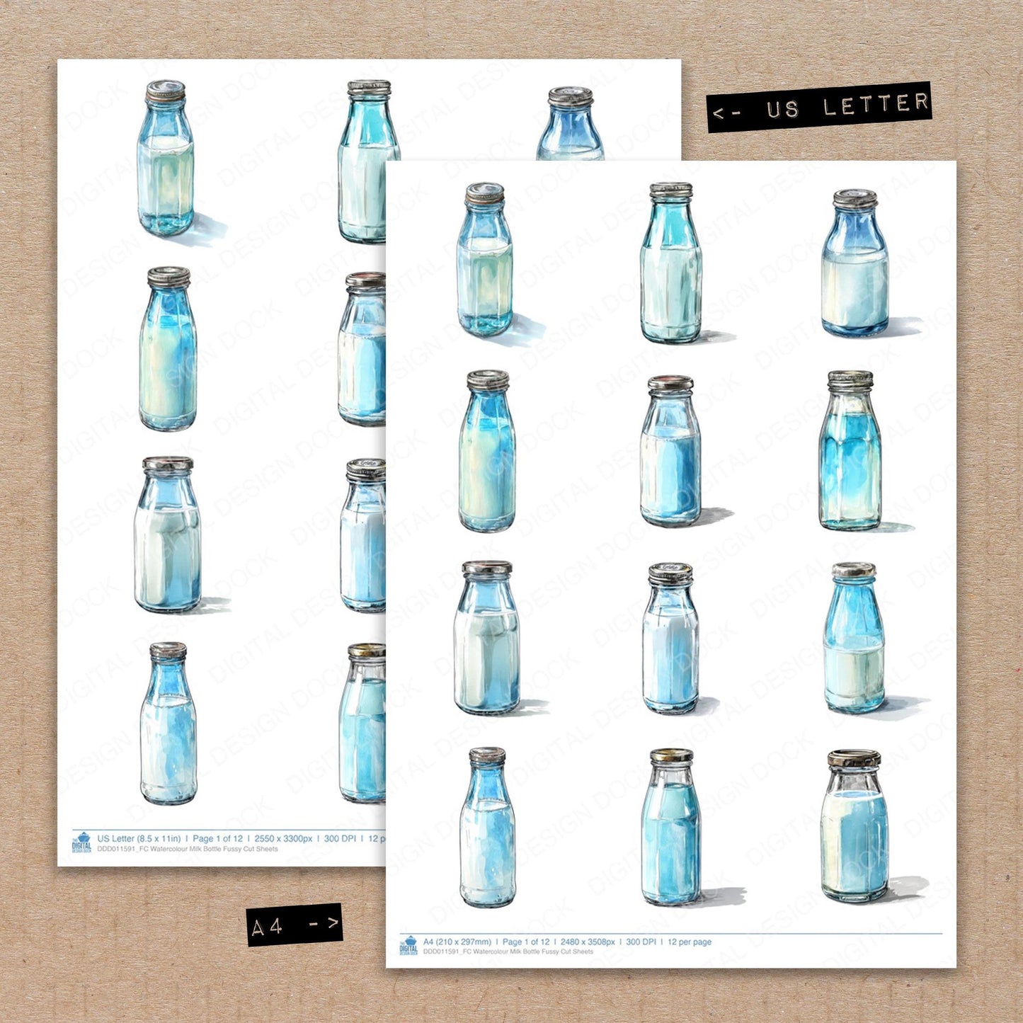 A4 and US Letter format comparison showing Watercolour Milk Bottle fussy cut pages for print and cut crafting