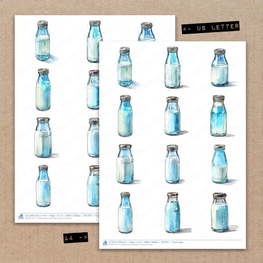 A4 and US Letter format comparison showing Watercolour Milk Bottle fussy cut pages for print and cut crafting
