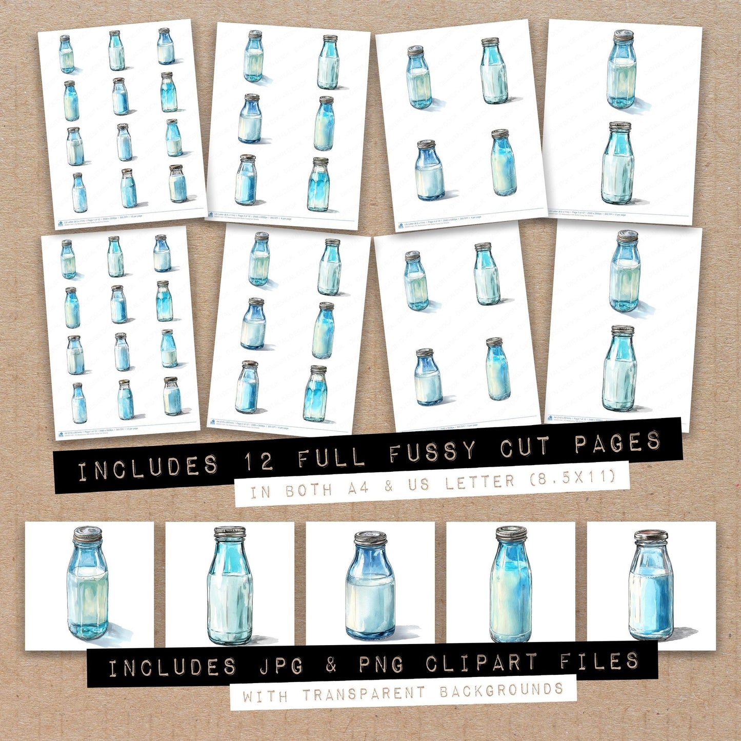Full collection view of Watercolour Milk Bottle fussy cut sheets with bonus clipart JPG and PNG files
