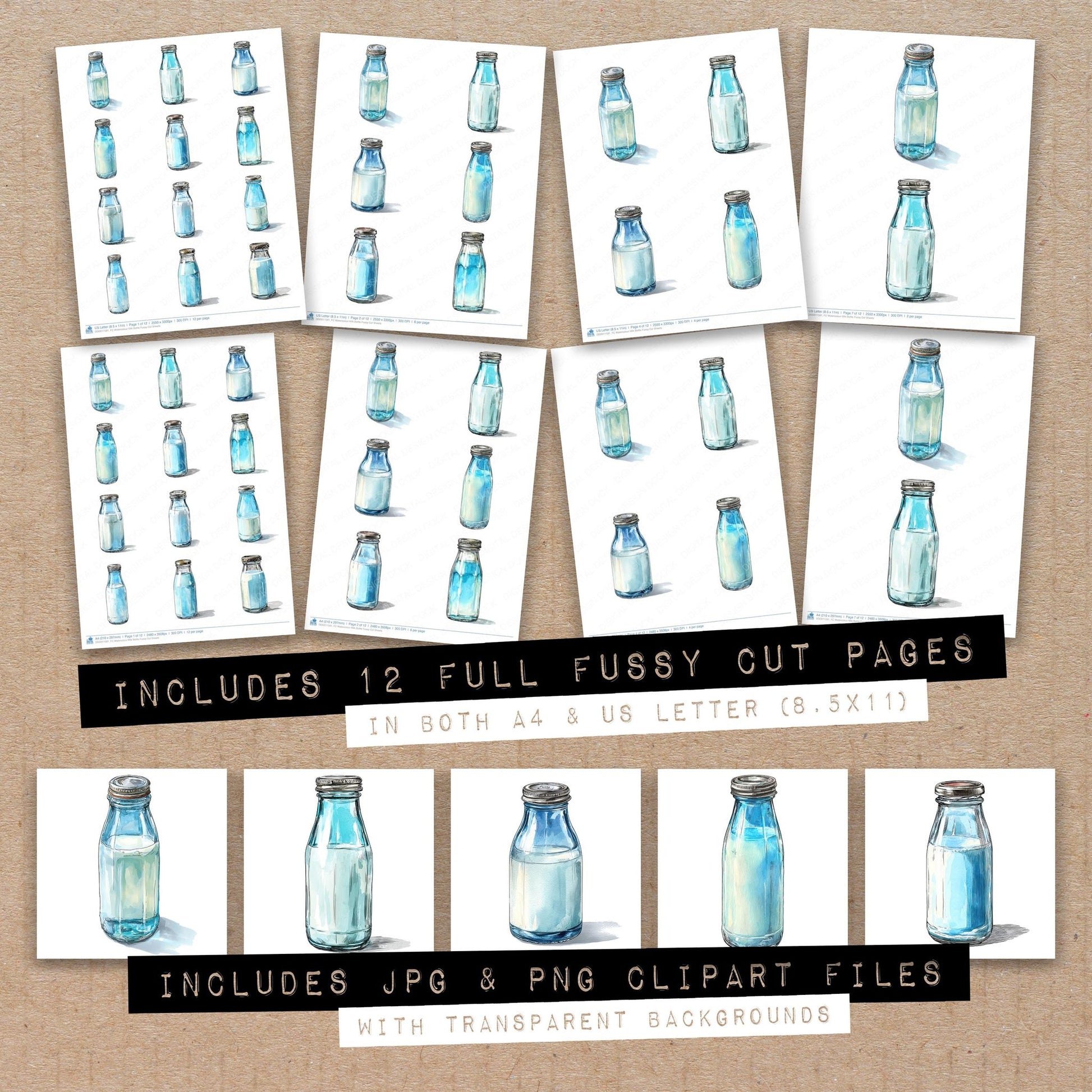Full collection view of Watercolour Milk Bottle fussy cut sheets with bonus clipart JPG and PNG files