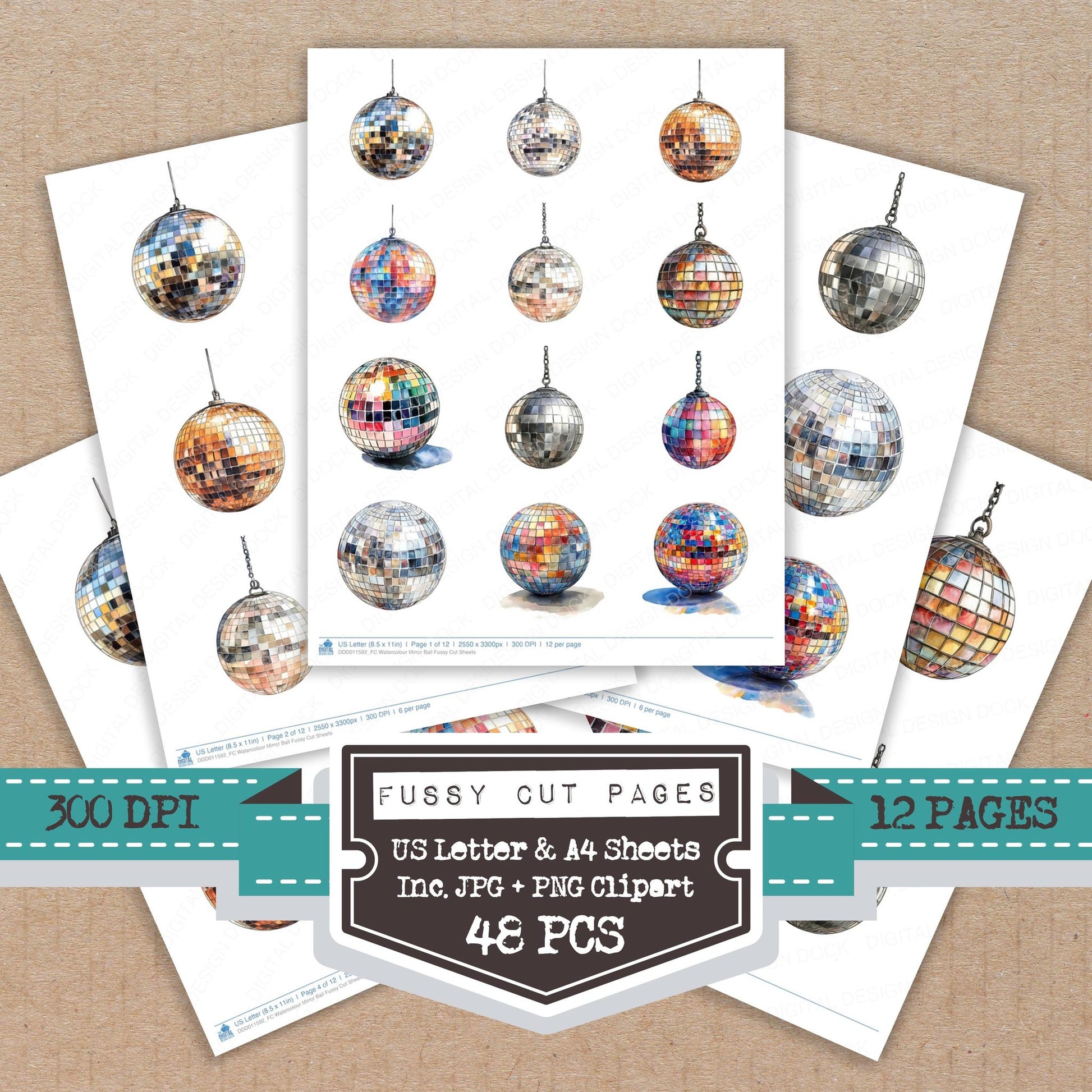 Watercolour Mirror Ball fussy cut printable sheets for junk journaling, scrapbooking, and paper craft projects