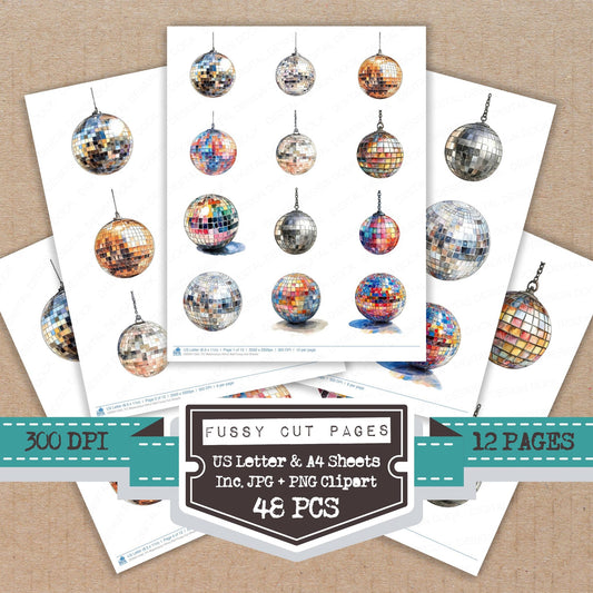 Watercolour Mirror Ball fussy cut printable sheets for junk journaling, scrapbooking, and paper craft projects