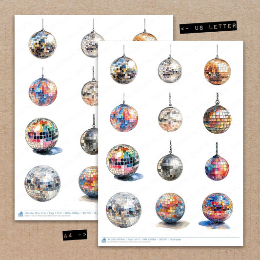 A4 and US Letter format comparison showing Watercolour Mirror Ball fussy cut pages for print and cut crafting