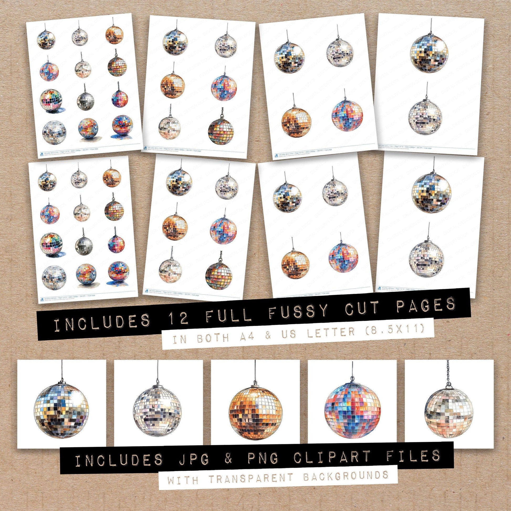 Full collection view of Watercolour Mirror Ball fussy cut sheets with bonus clipart JPG and PNG files