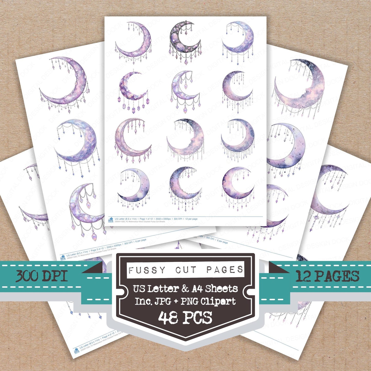 Watercolour Moon Crystals fussy cut printable sheets for junk journaling, scrapbooking, and paper craft projects
