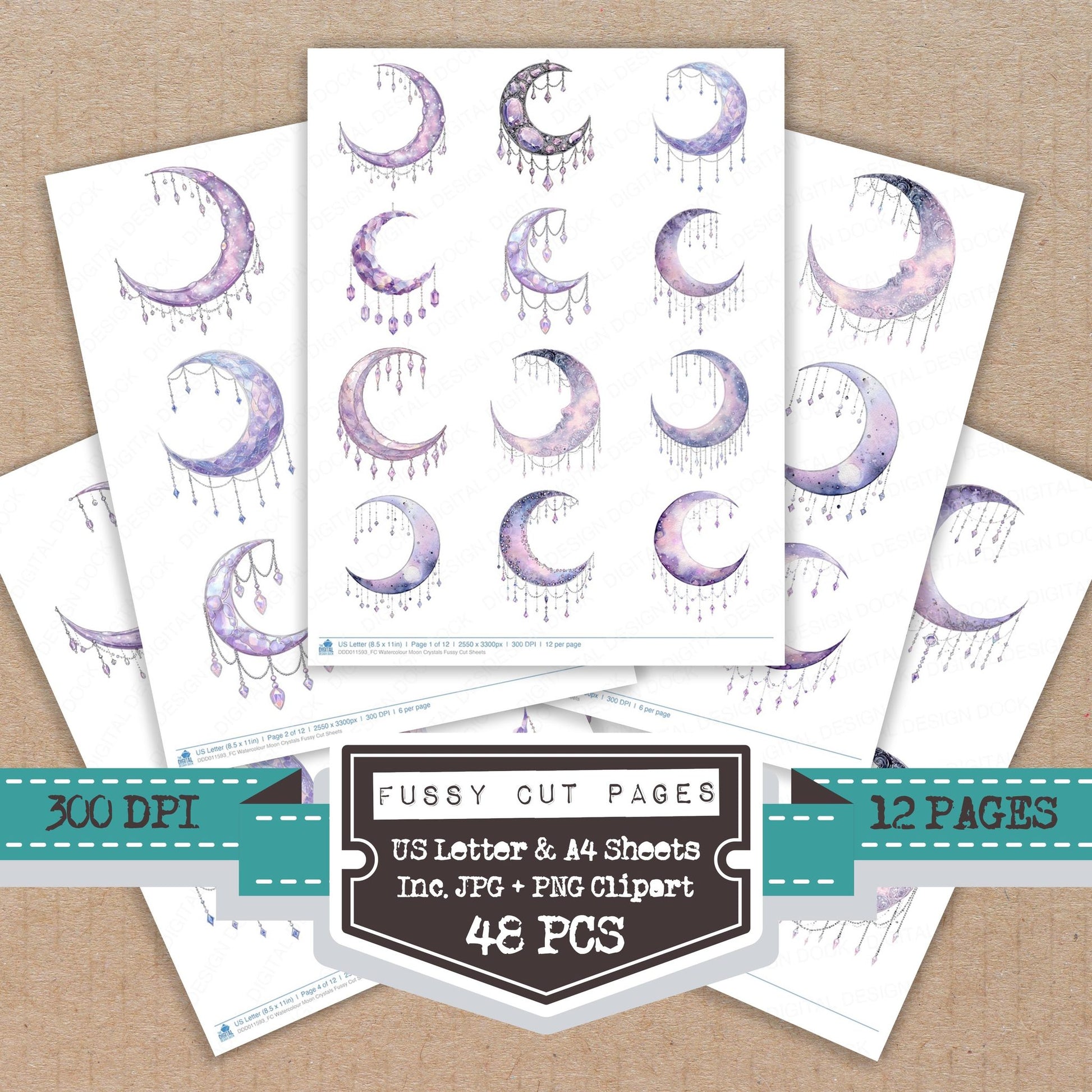 Watercolour Moon Crystals fussy cut printable sheets for junk journaling, scrapbooking, and paper craft projects