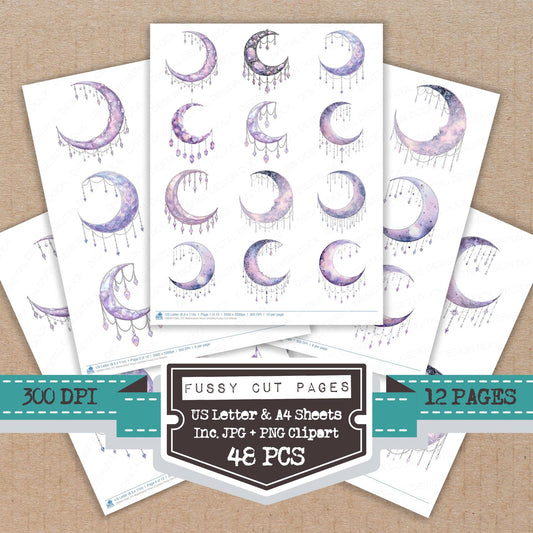 Watercolour Moon Crystals fussy cut printable sheets for junk journaling, scrapbooking, and paper craft projects