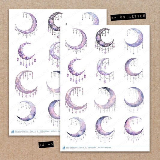 A4 and US Letter format comparison showing Watercolour Moon Crystals fussy cut pages for print and cut crafting
