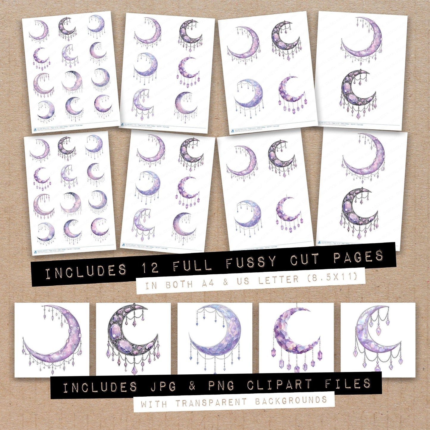 Full collection view of Watercolour Moon Crystals fussy cut sheets with bonus clipart JPG and PNG files