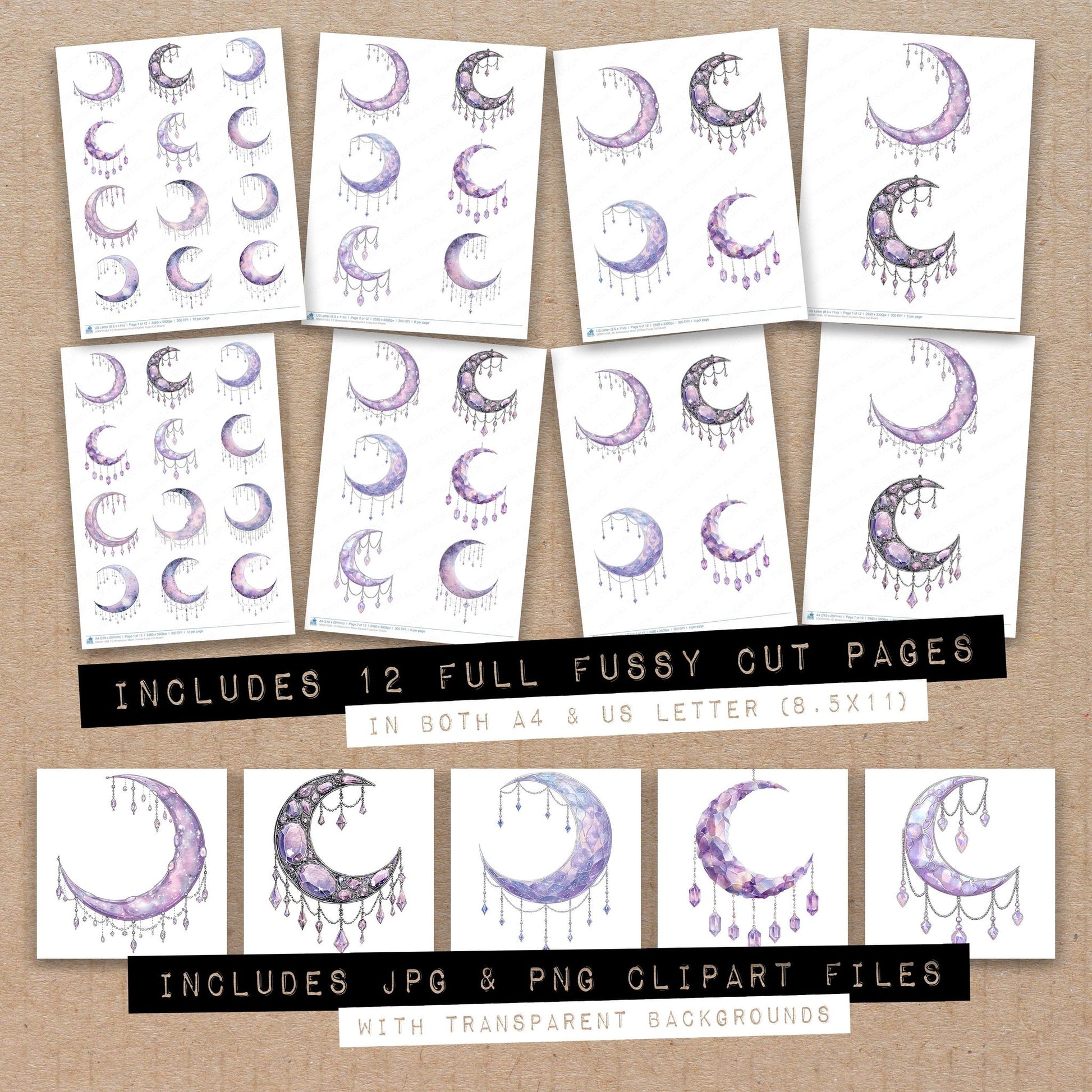 Full collection view of Watercolour Moon Crystals fussy cut sheets with bonus clipart JPG and PNG files