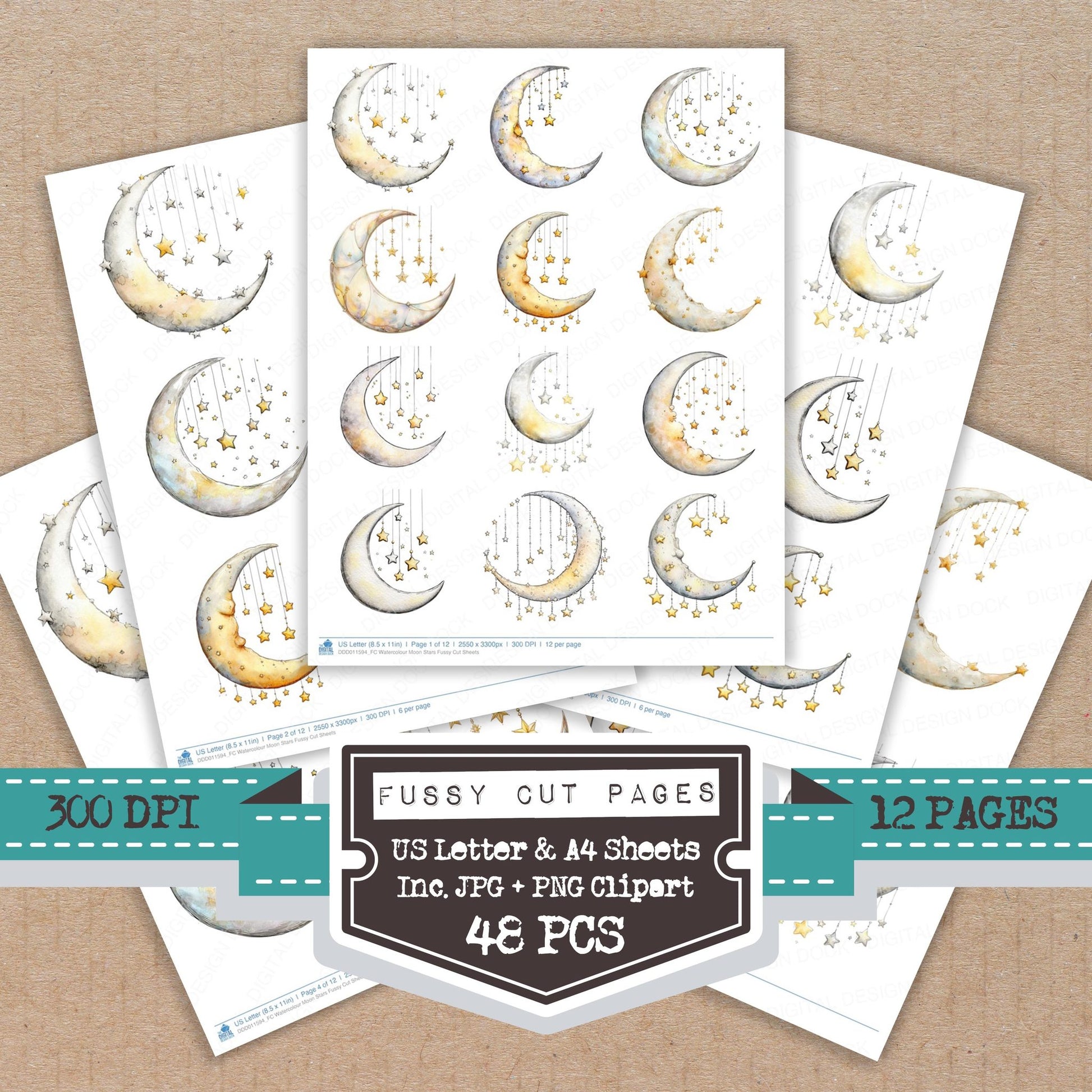 Watercolour Moon Stars fussy cut printable sheets for junk journaling, scrapbooking, and paper craft projects