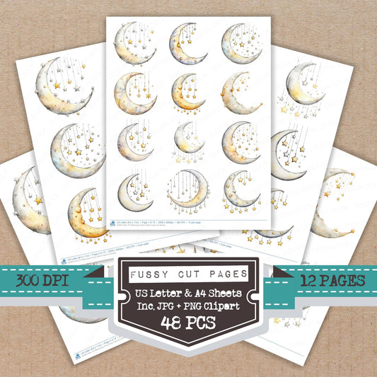 Watercolour Moon Stars fussy cut printable sheets for junk journaling, scrapbooking, and paper craft projects