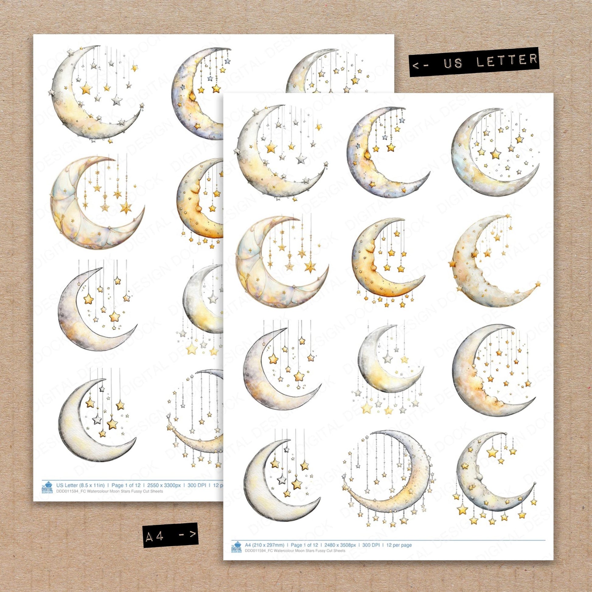 A4 and US Letter format comparison showing Watercolour Moon Stars fussy cut pages for print and cut crafting