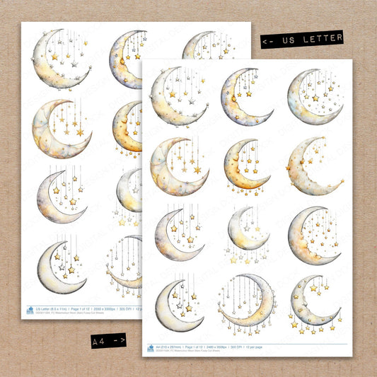 A4 and US Letter format comparison showing Watercolour Moon Stars fussy cut pages for print and cut crafting