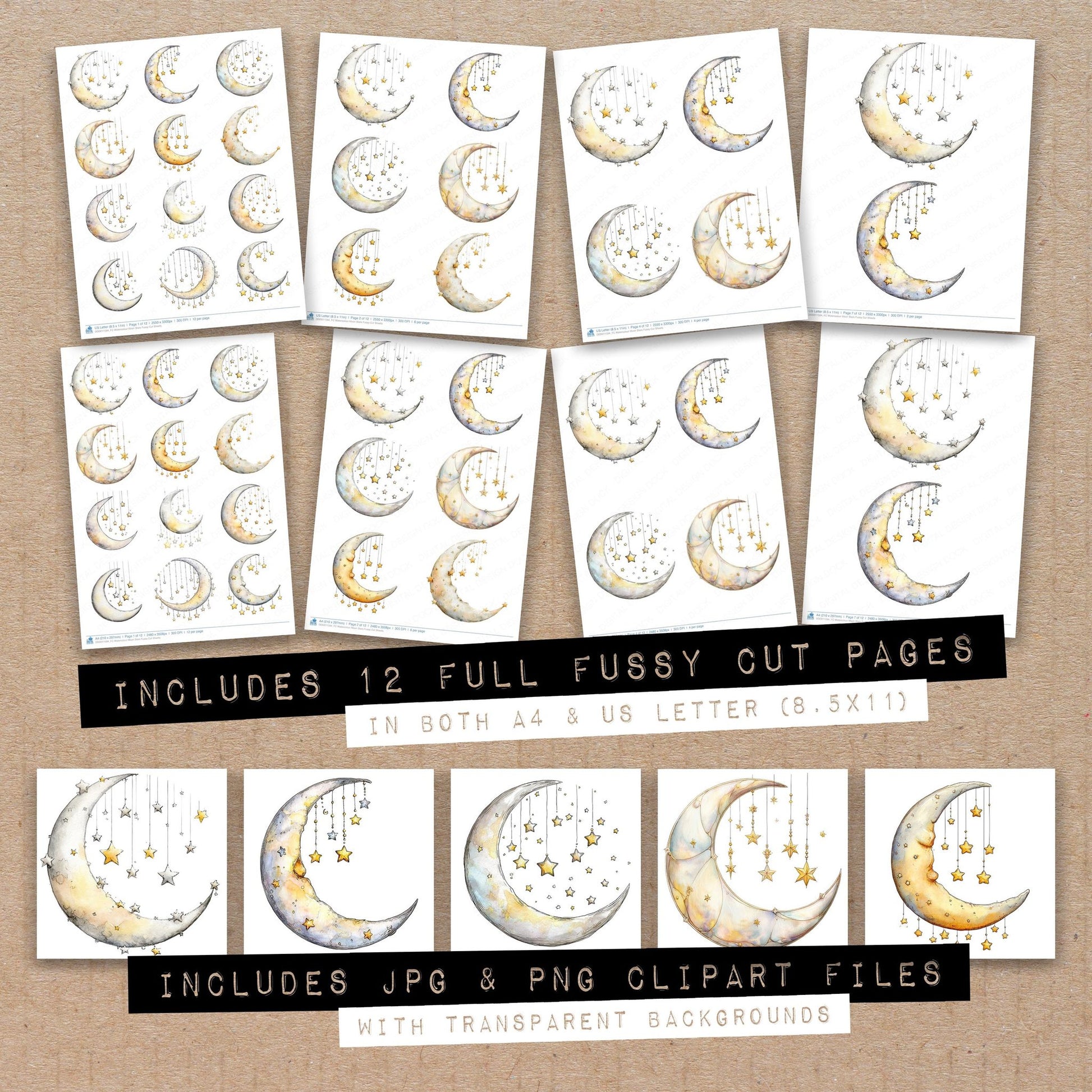Full collection view of Watercolour Moon Stars fussy cut sheets with bonus clipart JPG and PNG files