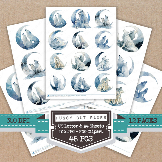 Watercolour Moon Wolf fussy cut printable sheets for junk journaling, scrapbooking, and paper craft projects
