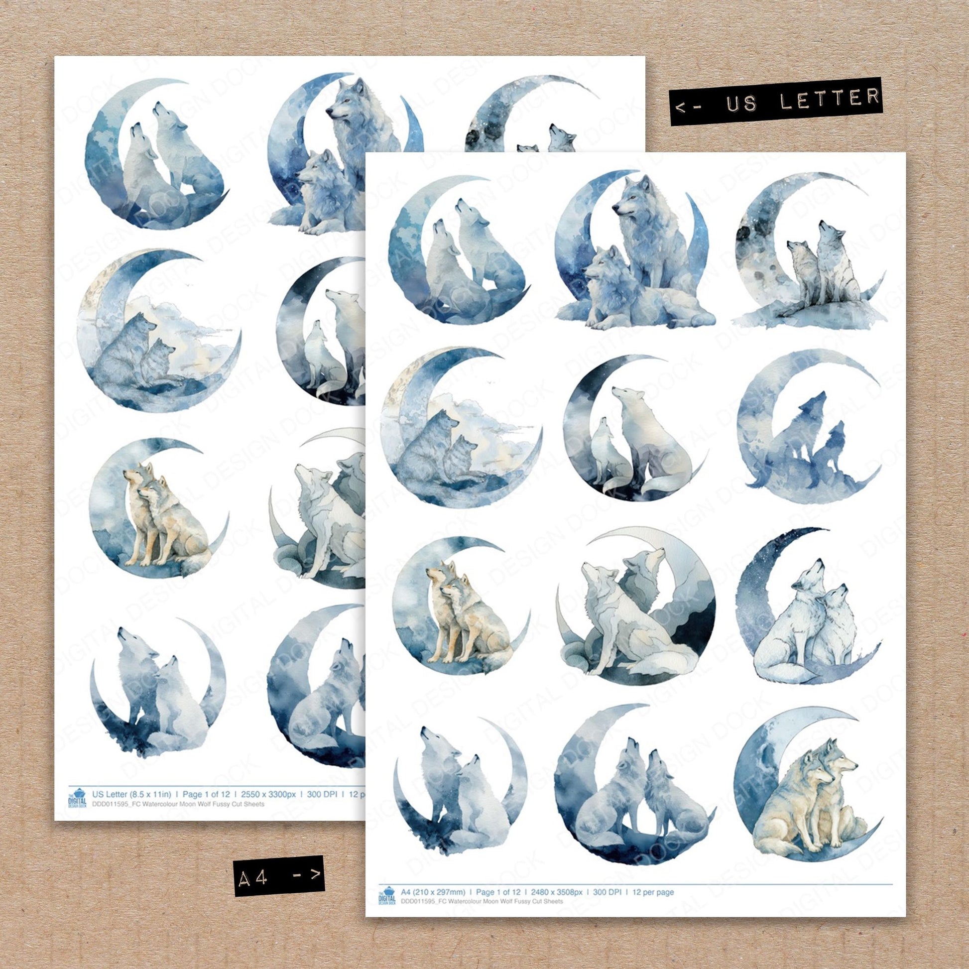 A4 and US Letter format comparison showing Watercolour Moon Wolf fussy cut pages for print and cut crafting