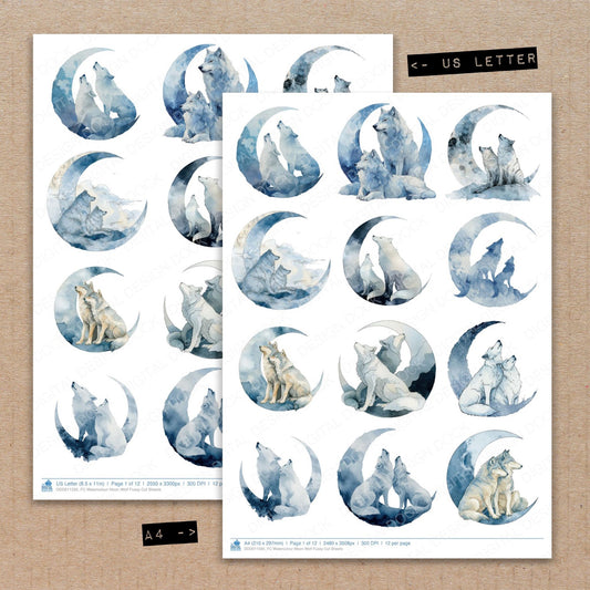 A4 and US Letter format comparison showing Watercolour Moon Wolf fussy cut pages for print and cut crafting