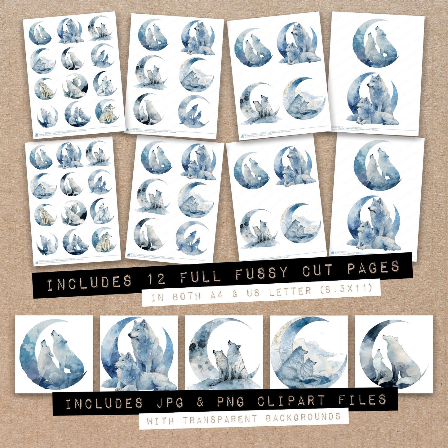 Full collection view of Watercolour Moon Wolf fussy cut sheets with bonus clipart JPG and PNG files