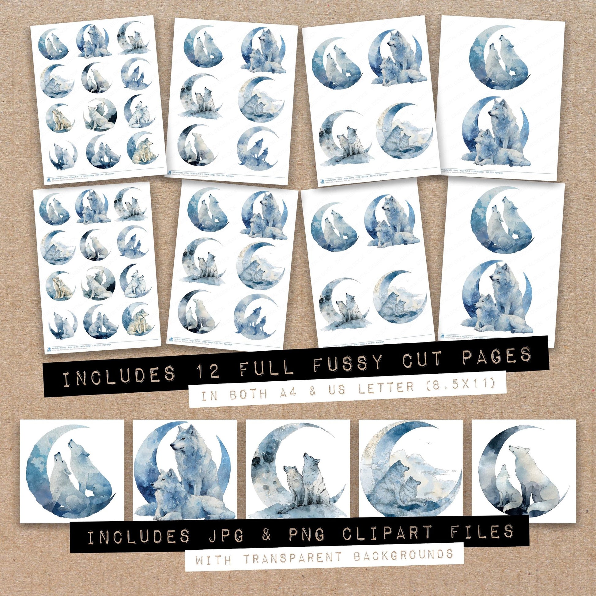 Full collection view of Watercolour Moon Wolf fussy cut sheets with bonus clipart JPG and PNG files