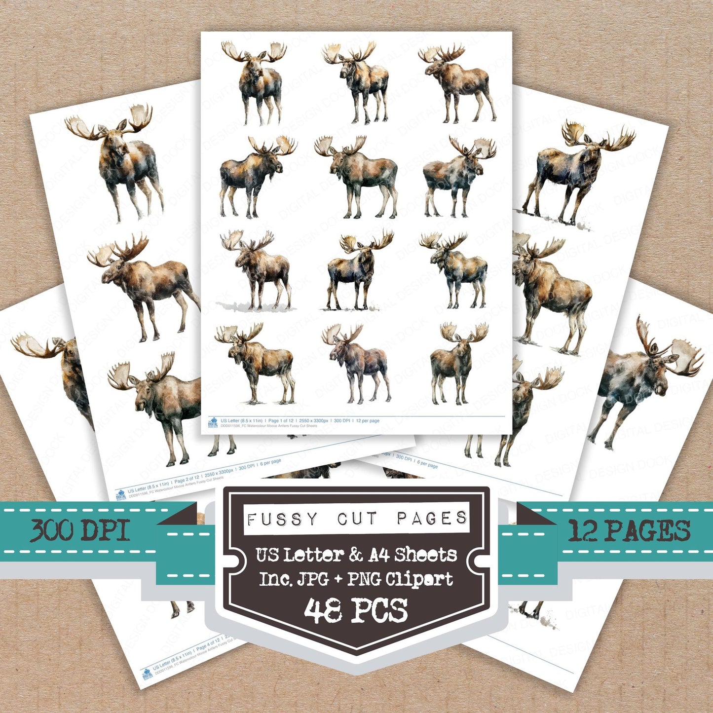 Watercolour Moose Antlers fussy cut printable sheets for junk journaling, scrapbooking, and paper craft projects