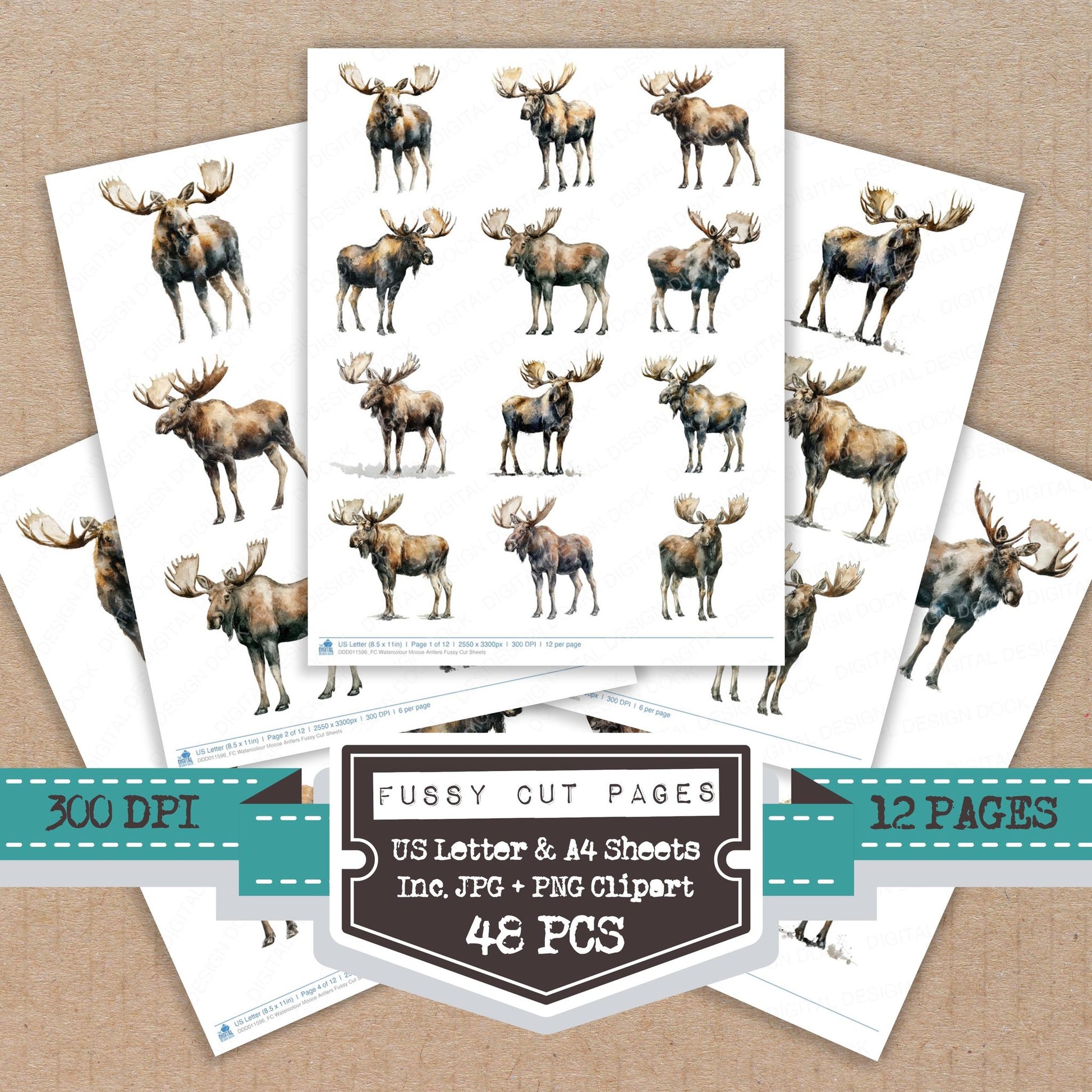 Watercolour Moose Antlers fussy cut printable sheets for junk journaling, scrapbooking, and paper craft projects
