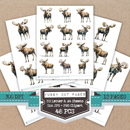 Watercolour Moose Antlers fussy cut printable sheets for junk journaling, scrapbooking, and paper craft projects