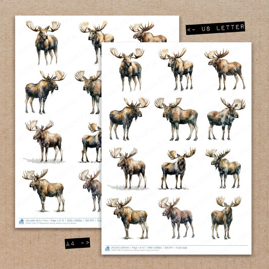 A4 and US Letter format comparison showing Watercolour Moose Antlers fussy cut pages for print and cut crafting