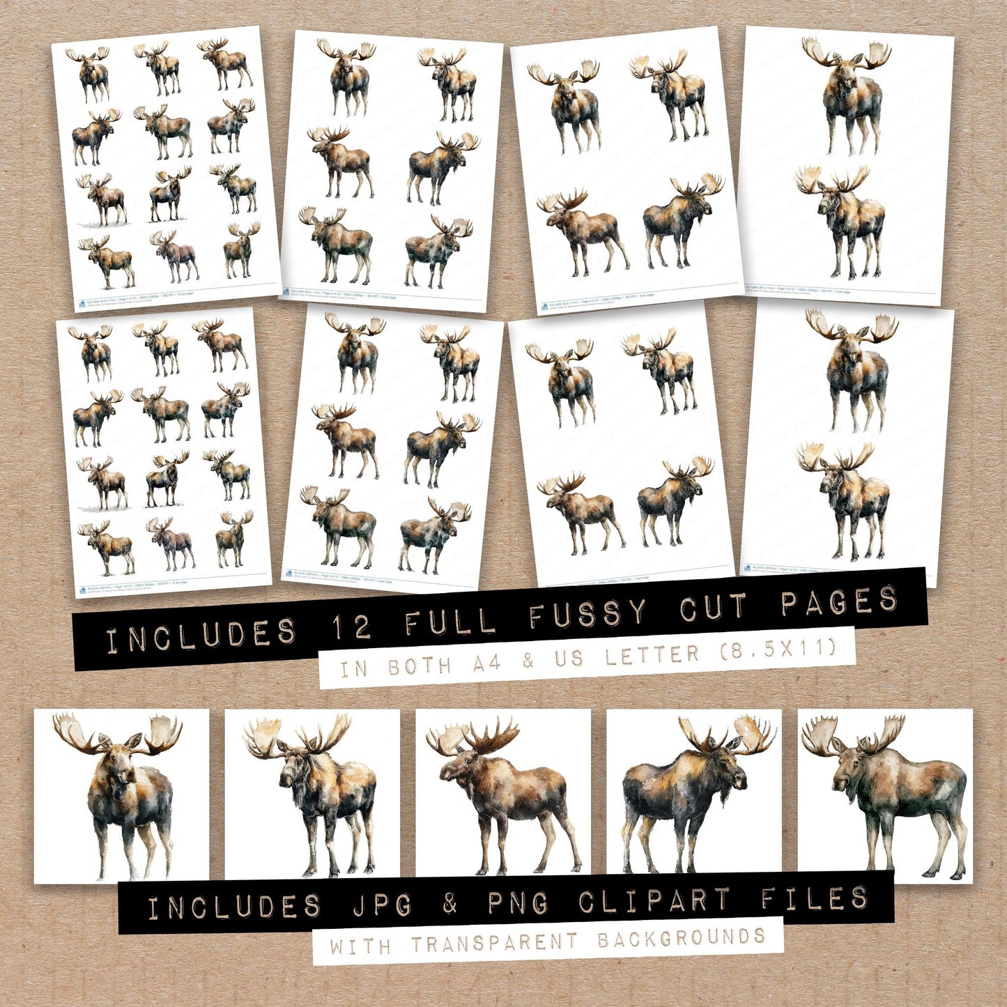 Full collection view of Watercolour Moose Antlers fussy cut sheets with bonus clipart JPG and PNG files