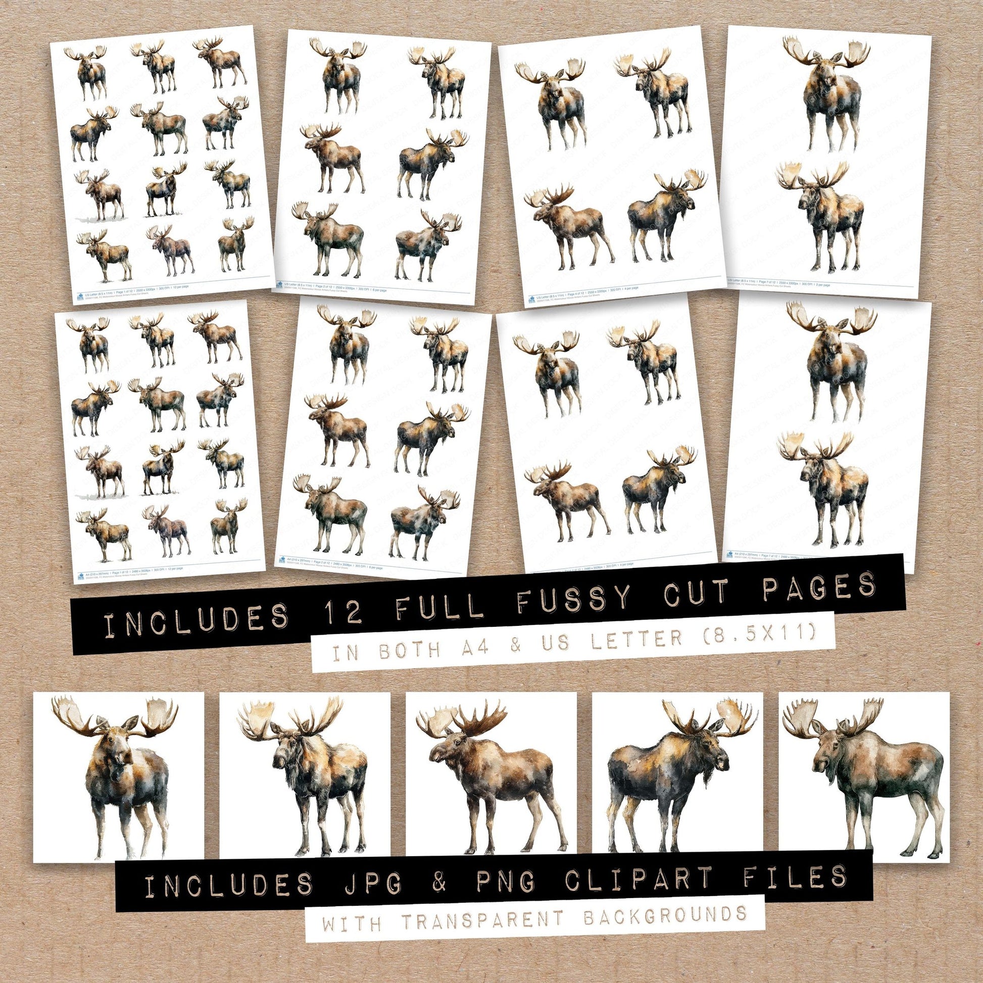 Full collection view of Watercolour Moose Antlers fussy cut sheets with bonus clipart JPG and PNG files